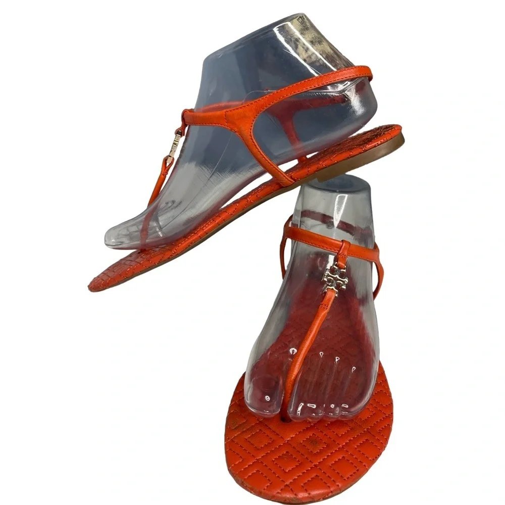 Tory Burch quilted poppy pumpkin Orange thong sandals women size 8/leather